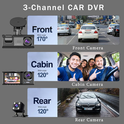 3-Channel HD 1080P Dash Cam - Inside Vehicle DVR with Three-Lens Camcorder - ZOOMNSTORE