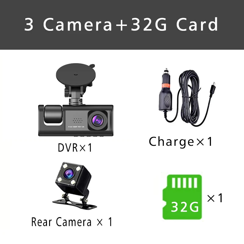3-Channel HD 1080P Dash Cam - Inside Vehicle DVR with Three-Lens Camcorder - ZOOMNSTORE