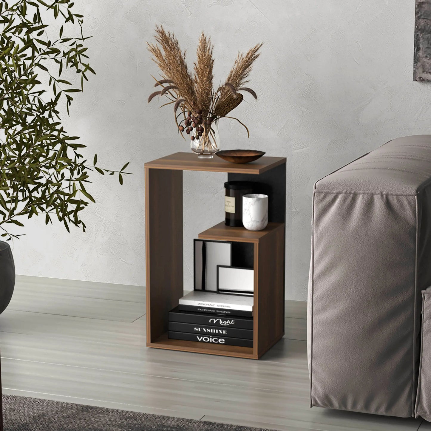 3-Tier Side Table - Modern Wooden End Table with Walnut Finish & Storage Shelves - ZOOMNSTORE