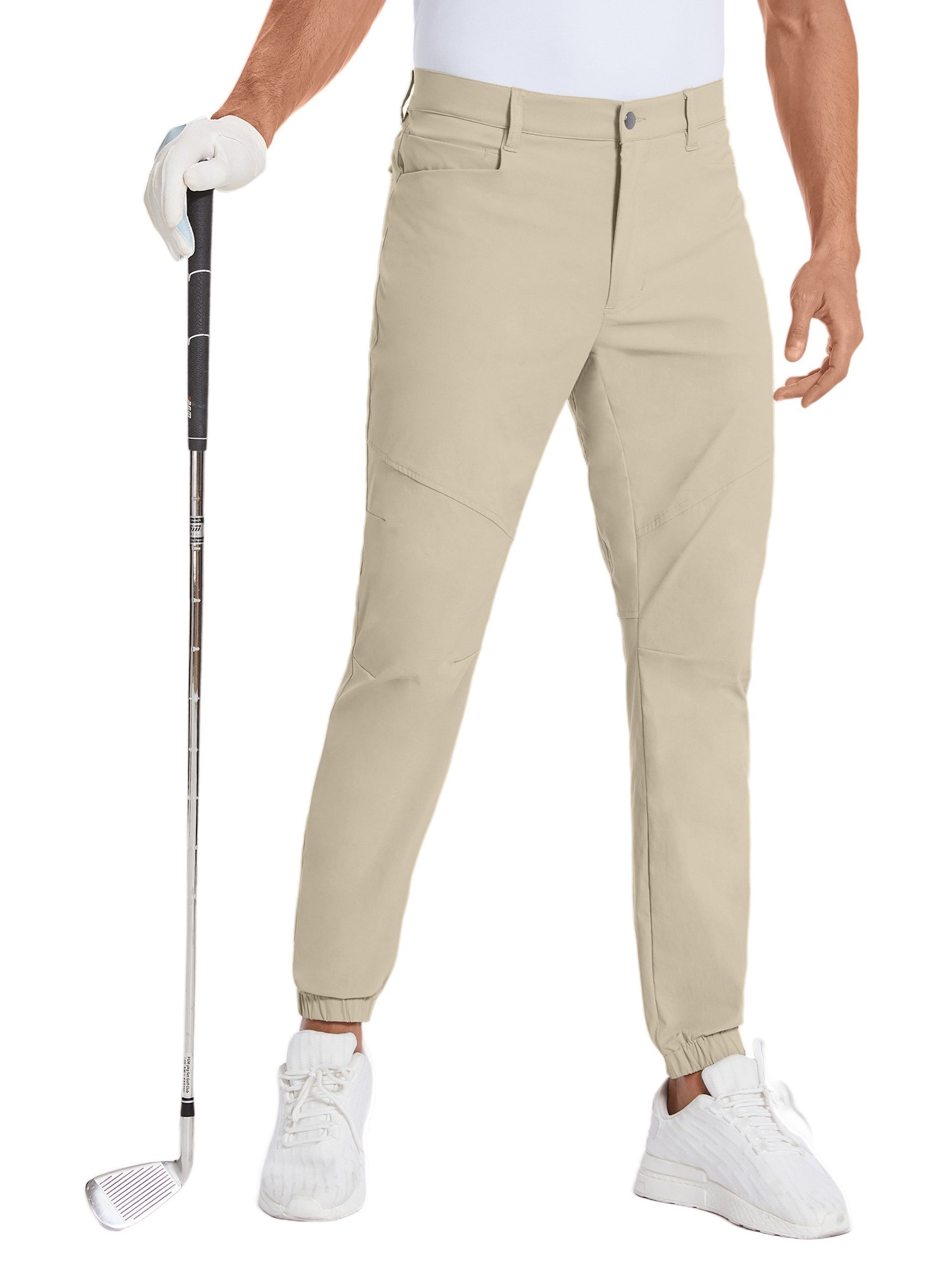 Mens Beige Stretch Hiking Pants - Water-Resistant Slim Fit Joggers with 4 Pockets  Elastic Waistband - ZOOMNSTORE