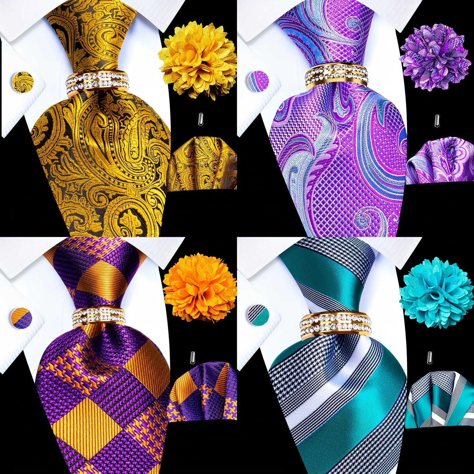 Mens Luxury Tie Set - Elegant 5PCS with Pocket Square Cufflinks Tie Ring Lapel Pin - ZOOMNSTORE
