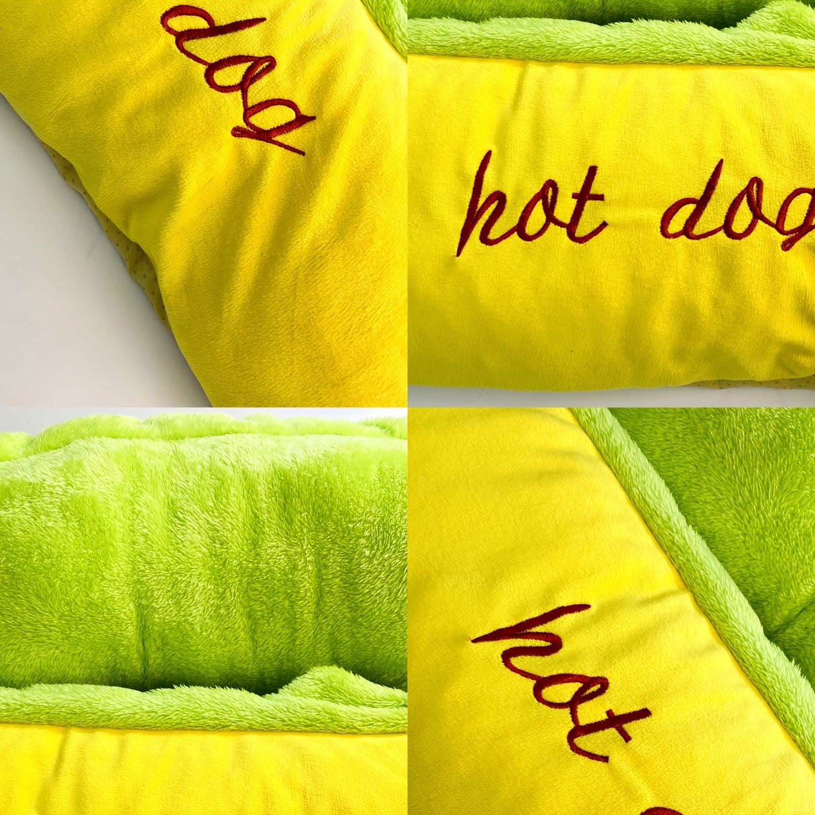 Soft Plush Hot Dog Pet Bed - Removable Cushion for Small to Medium Pets Easy to Clean Vibrant Yellow Green - ZOOMNSTORE