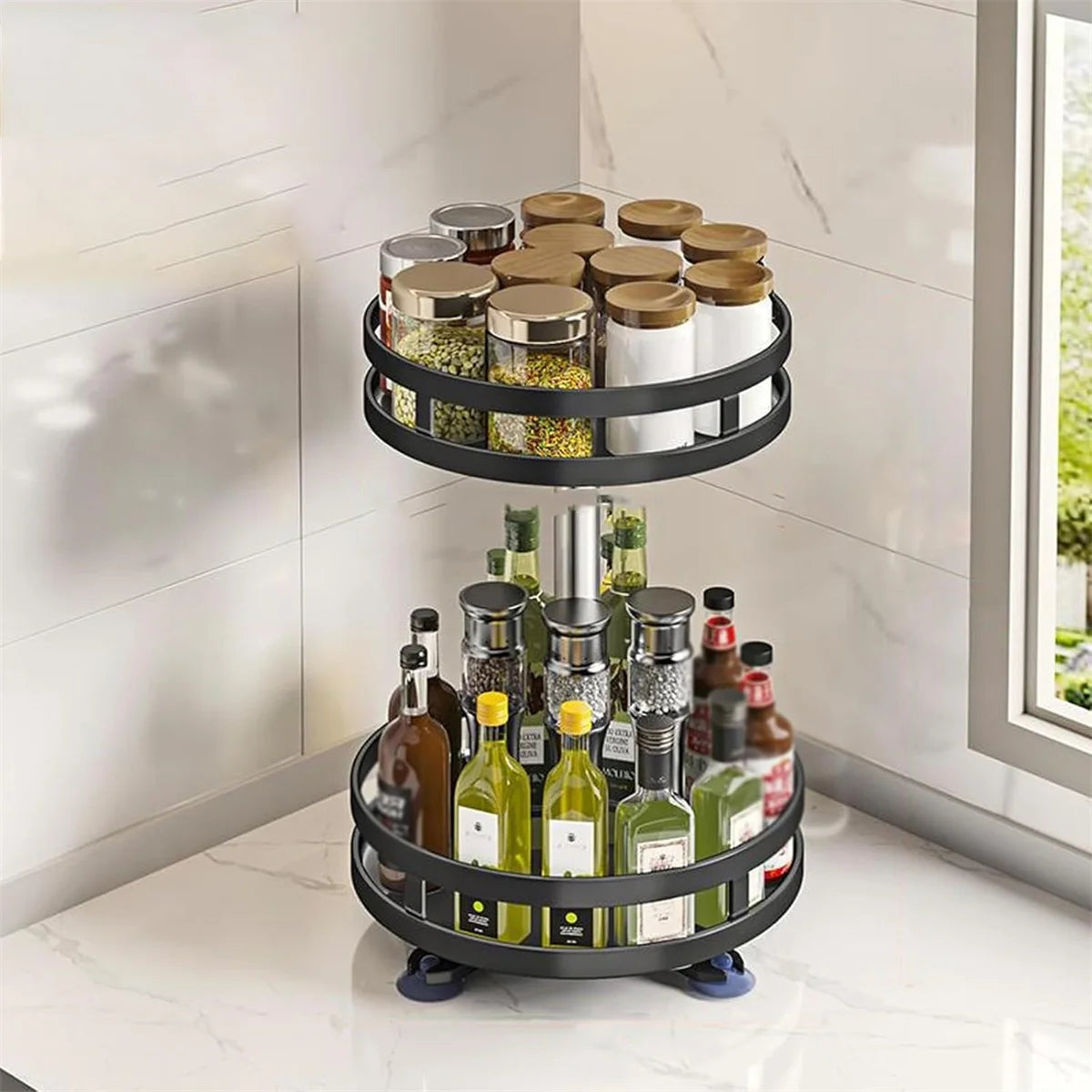360 Rotating Spice Rack Organizer - Non-Skid Carbon Steel Storage Tray for Seasonings - ZOOMNSTORE