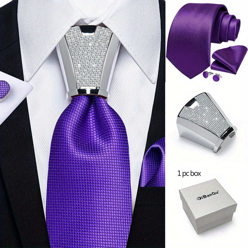 Mens Silvery Necktie Set - Necktie Ring Handkerchief  Cufflinks with Gift Box - ZOOMNSTORE