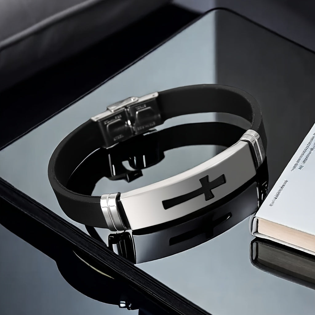 Minimalist Stainless Steel Cross Bracelet - Personalized Mens Silicone Wristband Punk Style Gift - ZOOMNSTORE