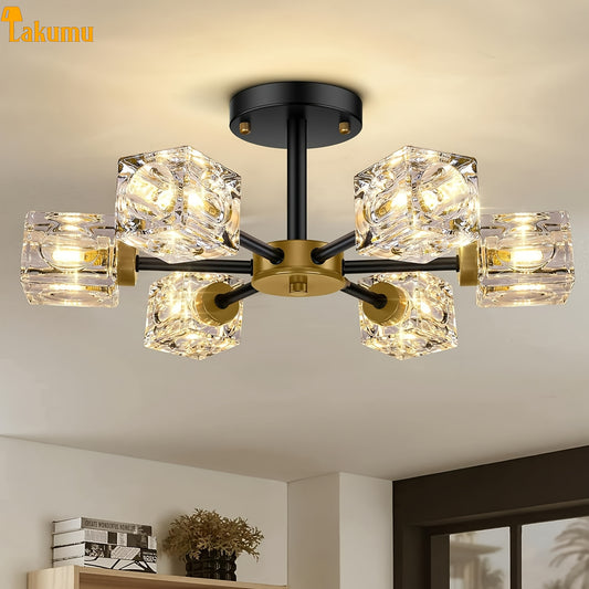 Black Modern Crystal Chandelier - 6-Light Semi Flush Mount Ceiling Fixture for Farmhouse Kitchen Dining Room  Bedroom - ZOOMNSTORE