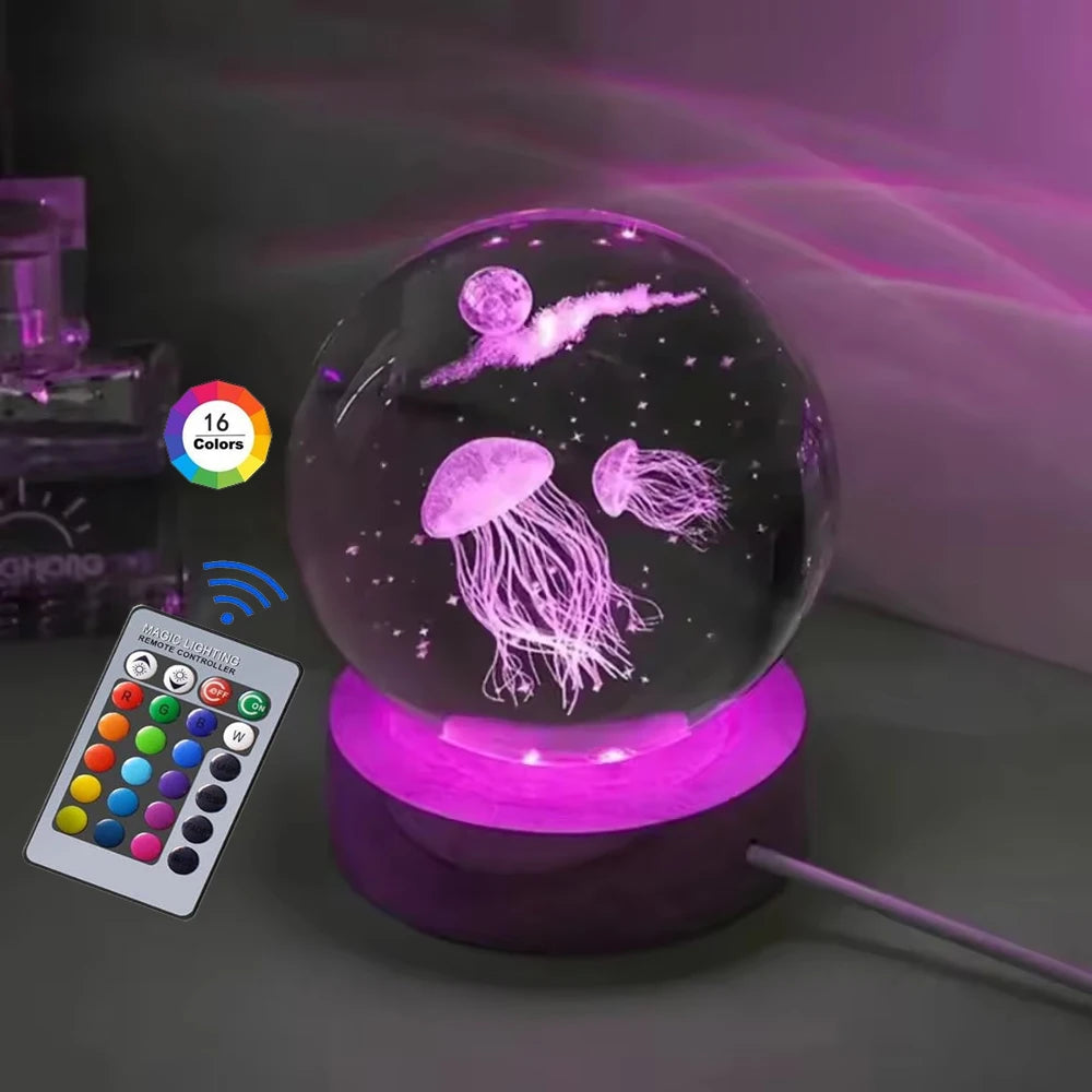 3D Crystal Ball Night Light – USB Powered Lamp With Remote Control & Wooden Base - ZOOMNSTORE