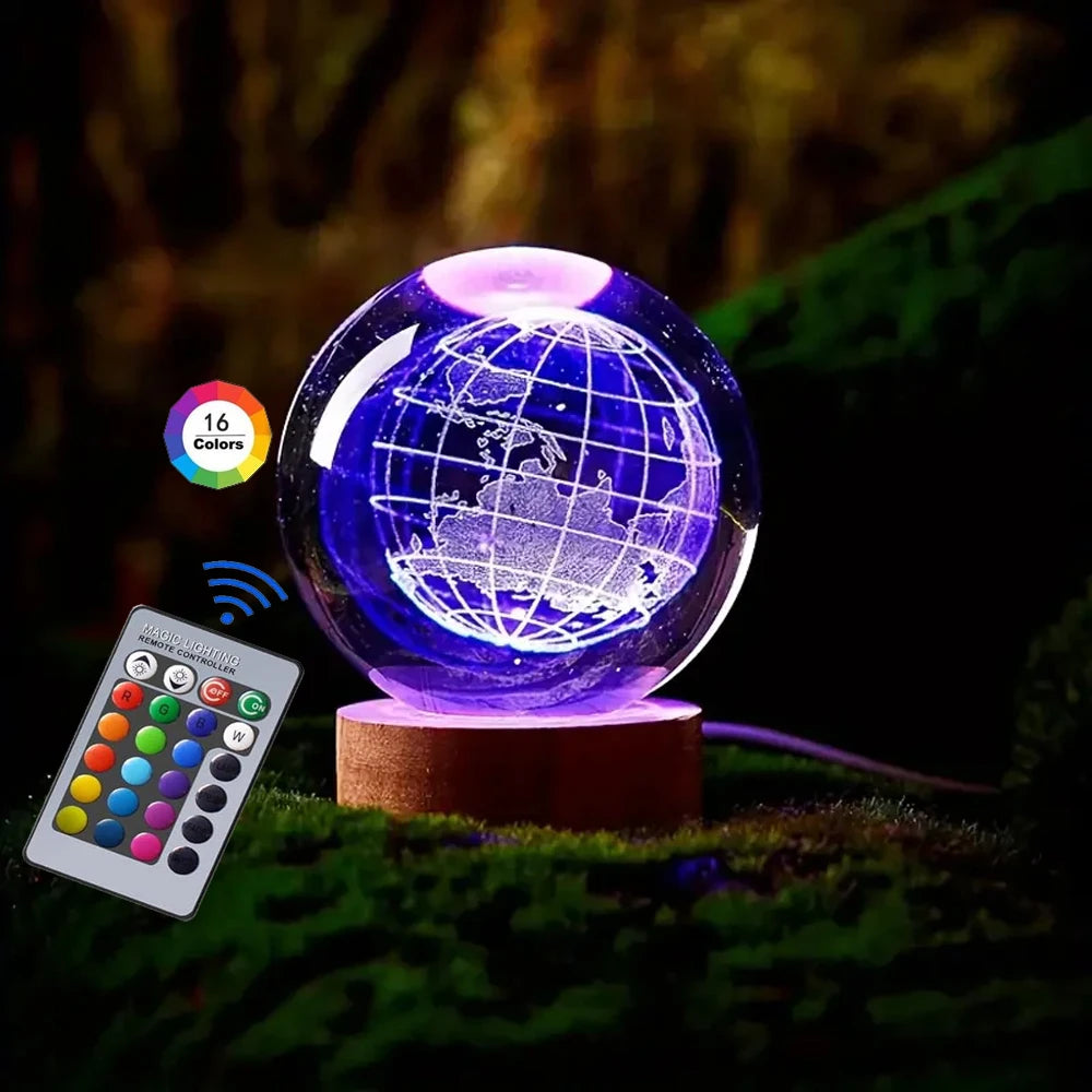 3D Crystal Ball Night Light – USB Powered Lamp With Remote Control & Wooden Base - ZOOMNSTORE
