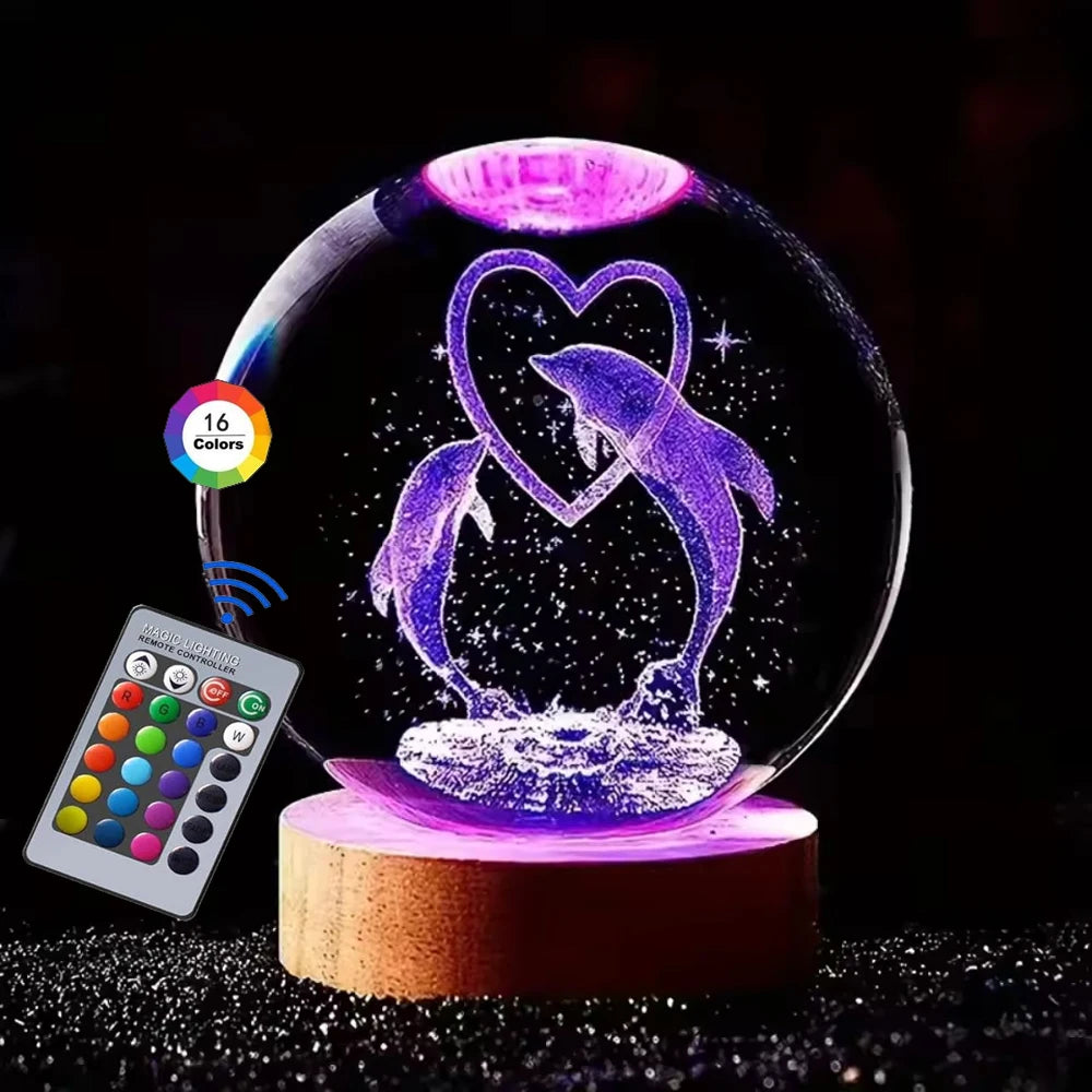 3D Crystal Ball Night Light – USB Powered Lamp With Remote Control & Wooden Base - ZOOMNSTORE
