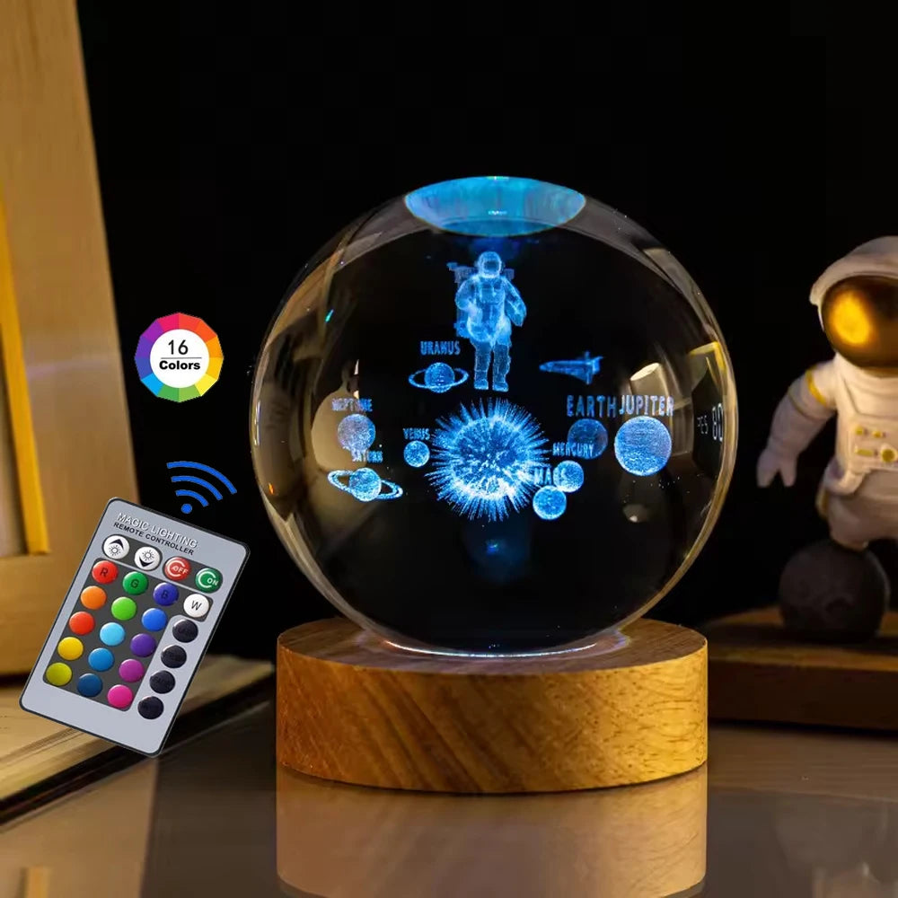 3D Crystal Ball Night Light – USB Powered Lamp With Remote Control & Wooden Base - ZOOMNSTORE