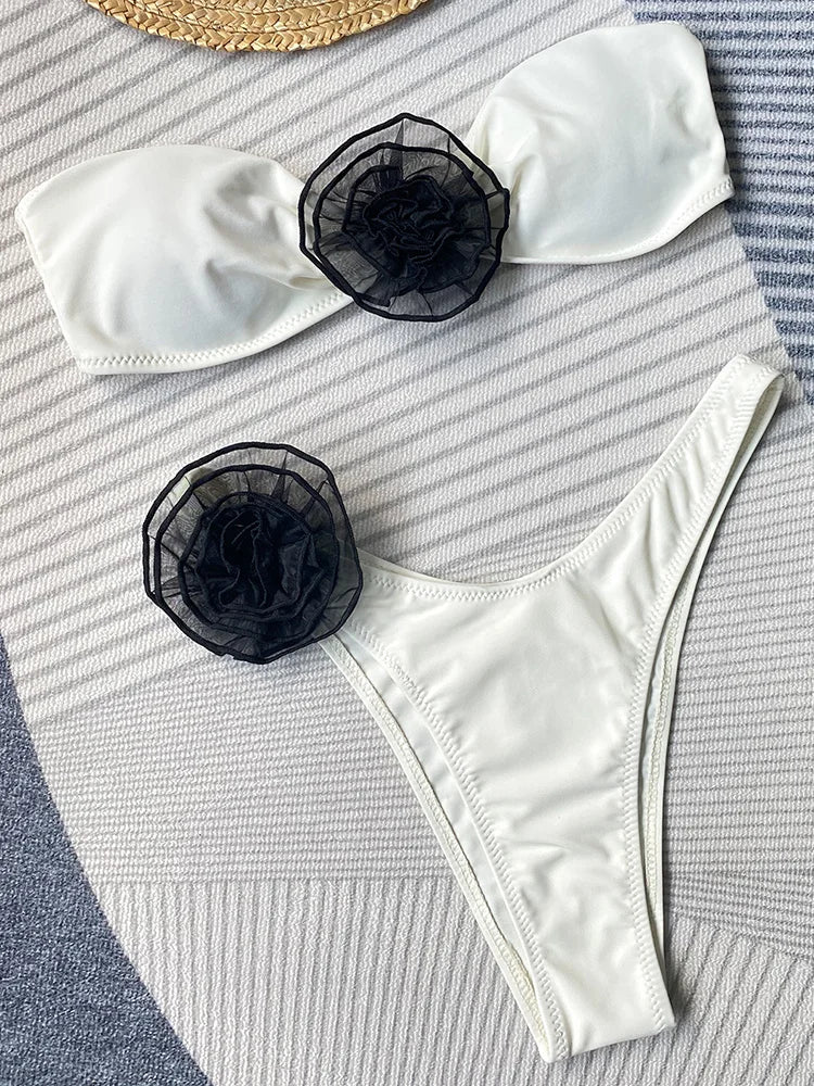 3D Floral Bandeau Bikini Set - Womens High Cut Swimsuit - ZOOMNSTORE