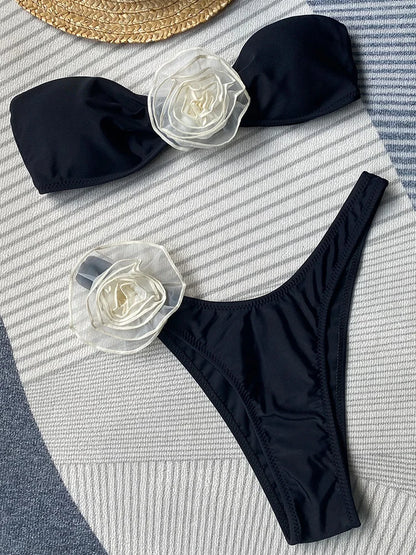 3D Floral Bandeau Bikini Set - Womens High Cut Swimsuit - ZOOMNSTORE