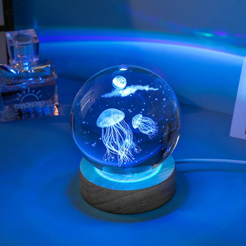 3D Jellyfish Night Light – LED Crystal Lamp With Engraved Glass Ball, Romantic Bedroom Decor - ZOOMNSTORE