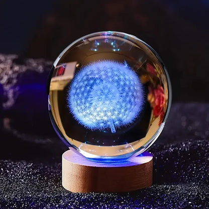 3D Laser Crystal Ball Night Light Decoration – Dandelion Carved Glass Sphere - ZOOMNSTORE