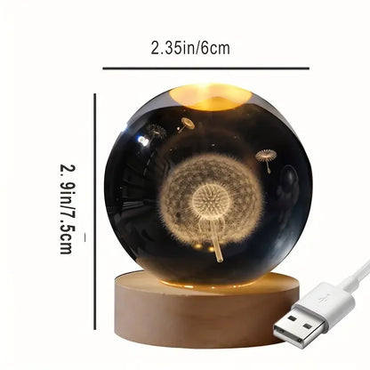 3D Laser Crystal Ball Night Light Decoration – Dandelion Carved Glass Sphere - ZOOMNSTORE