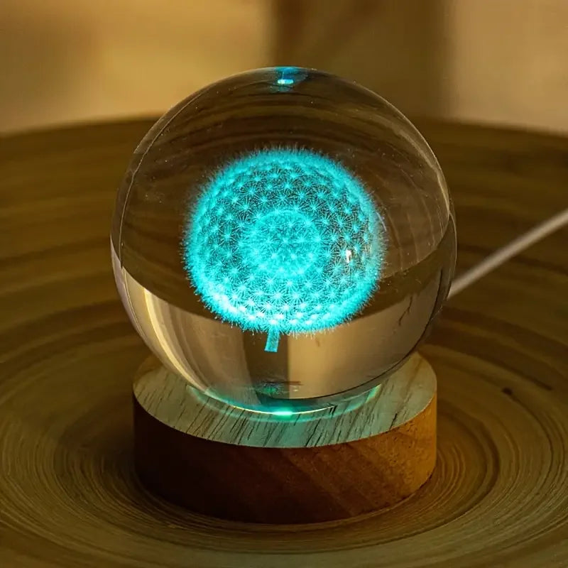 3D Laser Crystal Ball Night Light Decoration – Dandelion Carved Glass Sphere - ZOOMNSTORE