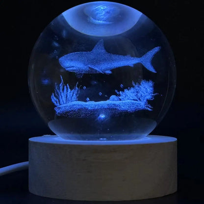 3D Ocean Shark Nightlight – Color Laser Carved Crystal Ball Lamp | Holiday Gift Light - ZOOMNSTORE