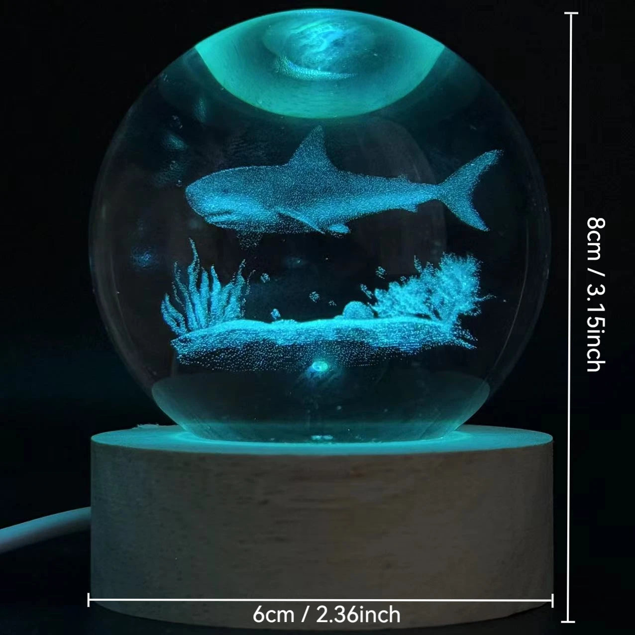 3D Ocean Shark Nightlight – Color Laser Carved Crystal Ball Lamp | Holiday Gift Light - ZOOMNSTORE