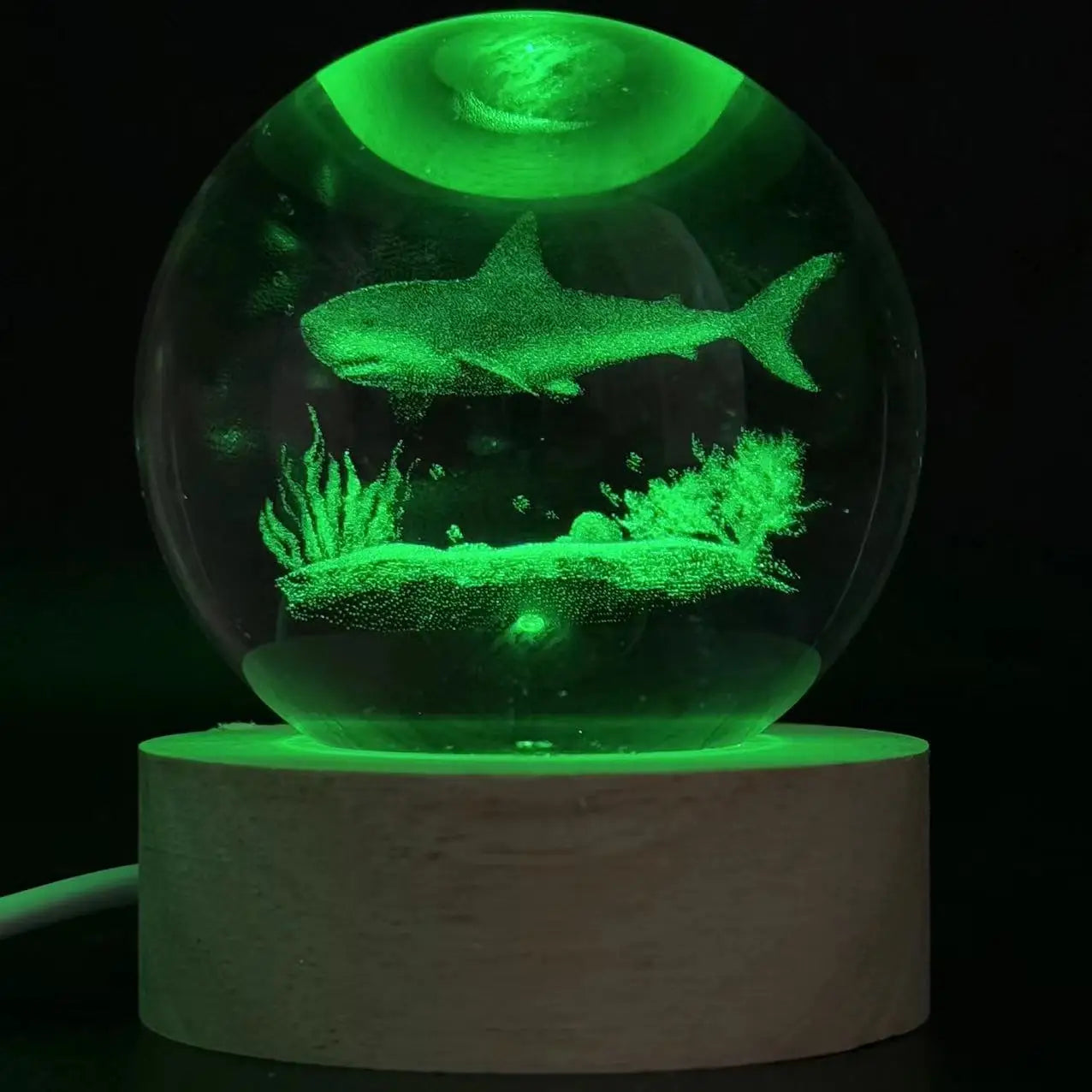 3D Ocean Shark Nightlight – Color Laser Carved Crystal Ball Lamp | Holiday Gift Light - ZOOMNSTORE