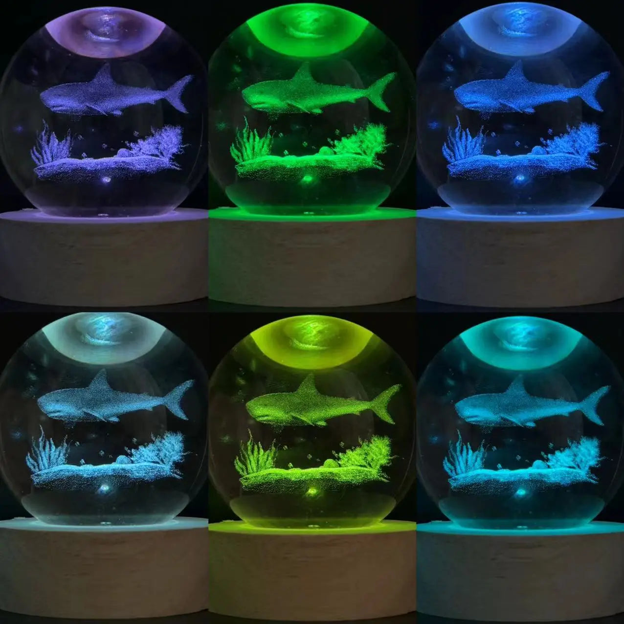 3D Ocean Shark Nightlight – Color Laser Carved Crystal Ball Lamp | Holiday Gift Light - ZOOMNSTORE