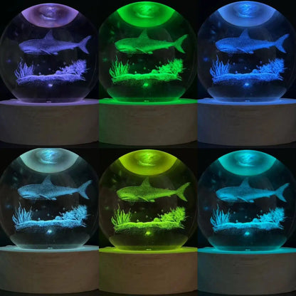 3D Ocean Shark Nightlight – Color Laser Carved Crystal Ball Lamp | Holiday Gift Light - ZOOMNSTORE