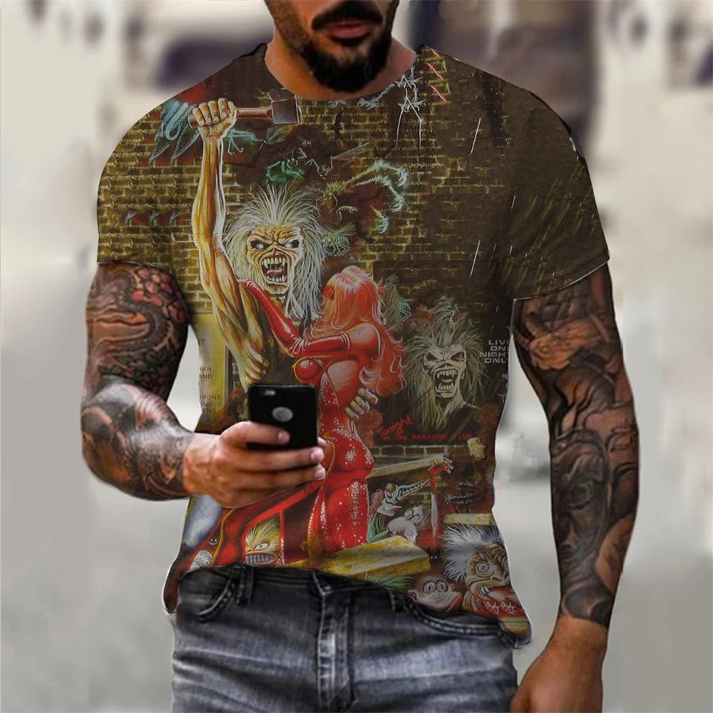 Mens 3D Skull T-Shirt - Black Gothic Short Sleeve Halloween Top - ZOOMNSTORE