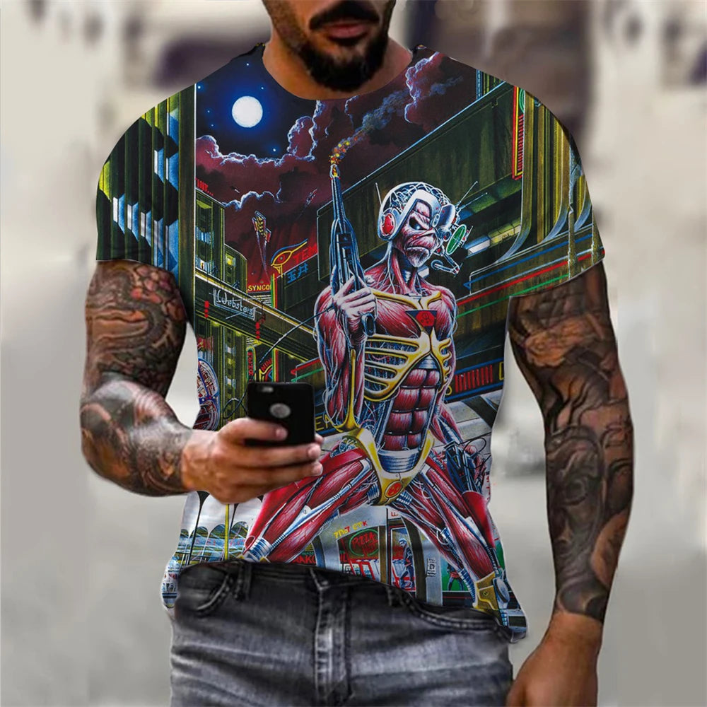 Mens 3D Skull T-Shirt - Black Gothic Short Sleeve Halloween Top - ZOOMNSTORE
