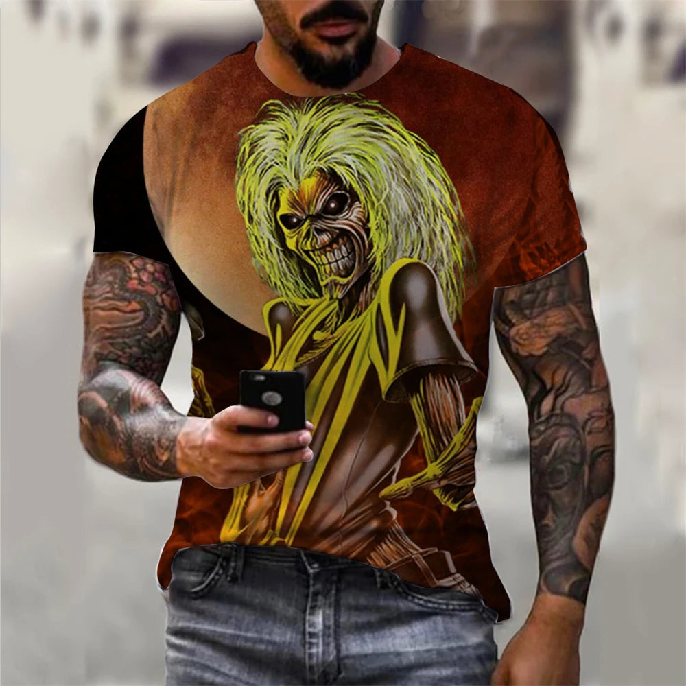 Mens 3D Skull T-Shirt - Black Gothic Short Sleeve Halloween Top - ZOOMNSTORE