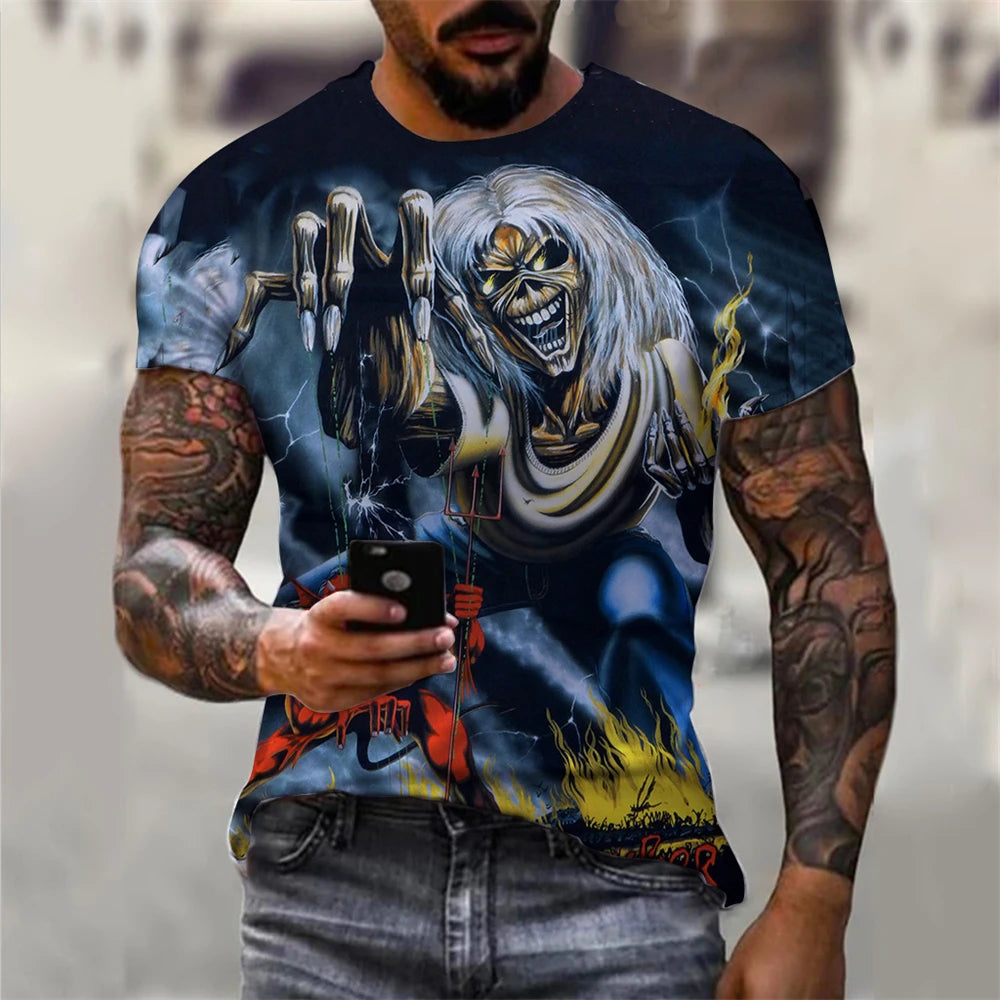 Mens 3D Skull T-Shirt - Black Gothic Short Sleeve Halloween Top - ZOOMNSTORE