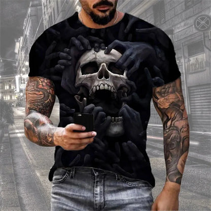 Mens 3D Skull T-Shirt - Black Gothic Short Sleeve Halloween Top - ZOOMNSTORE