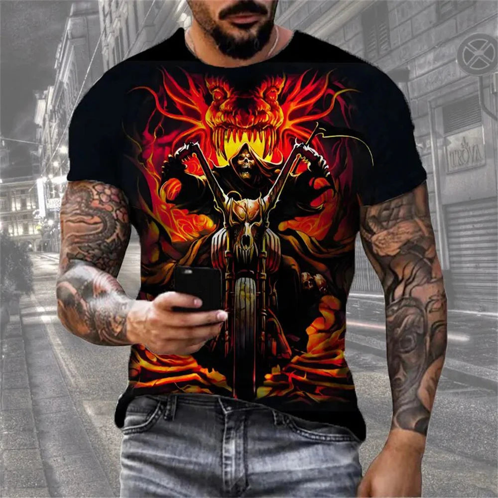 Mens 3D Skull T-Shirt - Black Gothic Short Sleeve Halloween Top - ZOOMNSTORE