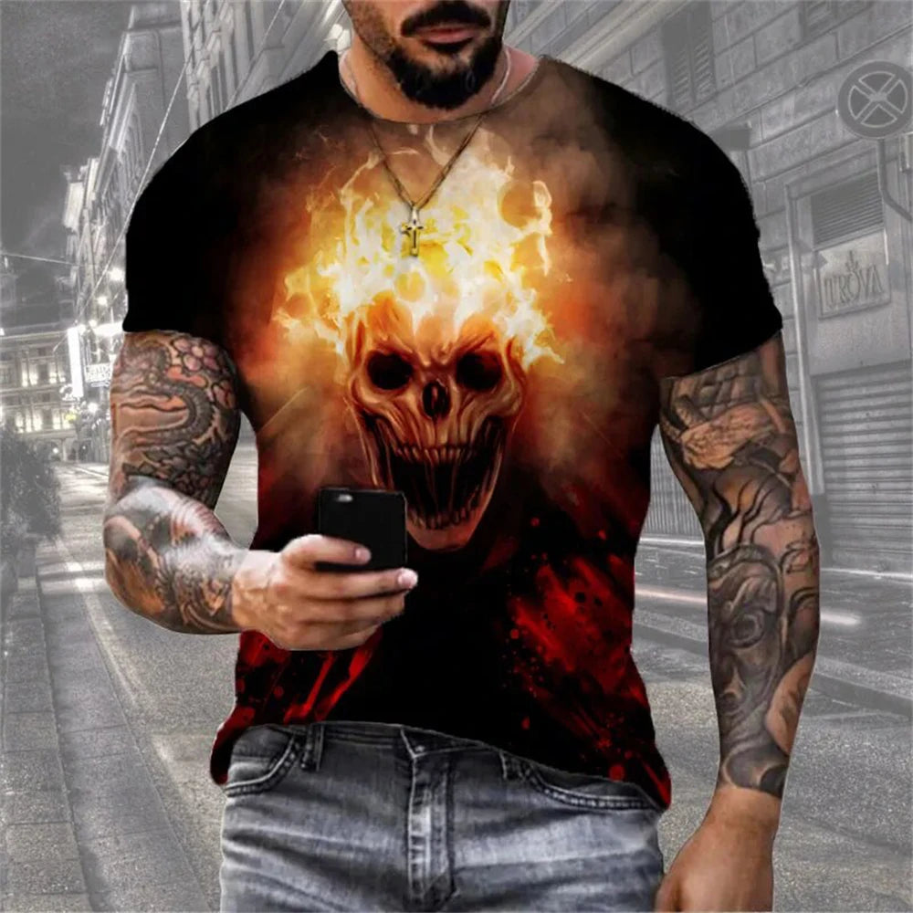 Mens 3D Skull T-Shirt - Black Gothic Short Sleeve Halloween Top - ZOOMNSTORE