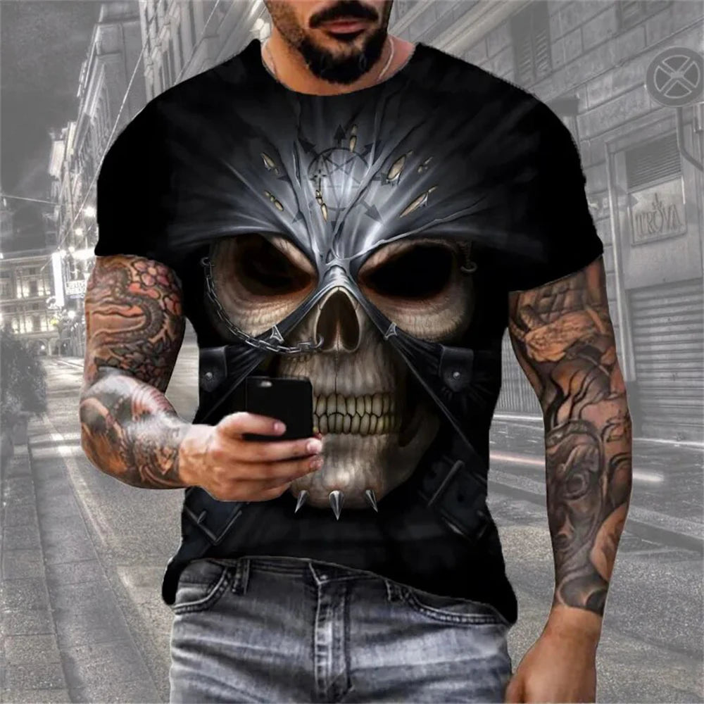 Mens 3D Skull T-Shirt - Black Gothic Short Sleeve Halloween Top - ZOOMNSTORE