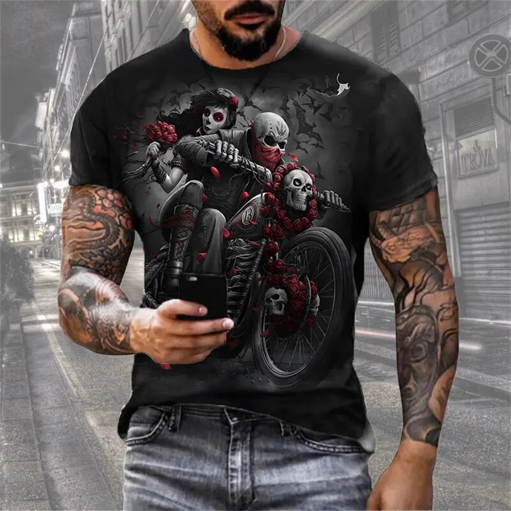 Mens 3D Skull T-Shirt - Black Gothic Short Sleeve Halloween Top - ZOOMNSTORE