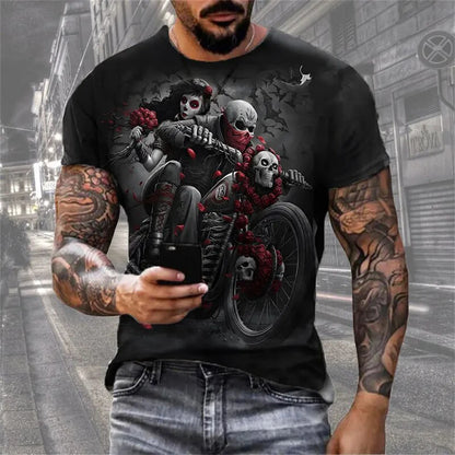 Mens 3D Skull T-Shirt - Black Gothic Short Sleeve Halloween Top - ZOOMNSTORE
