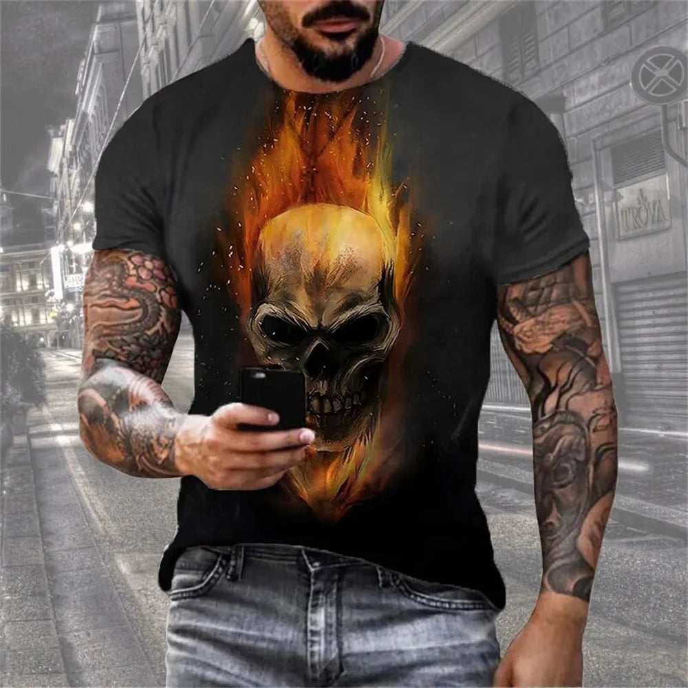 Mens 3D Skull T-Shirt - Black Gothic Short Sleeve Halloween Top - ZOOMNSTORE
