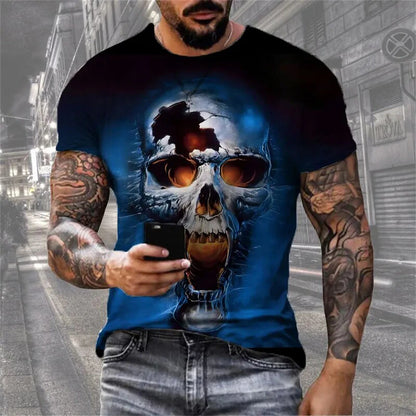 Mens 3D Skull T-Shirt - Black Gothic Short Sleeve Halloween Top - ZOOMNSTORE