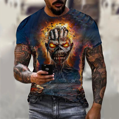 Mens 3D Skull T-Shirt - Black Gothic Short Sleeve Halloween Top - ZOOMNSTORE