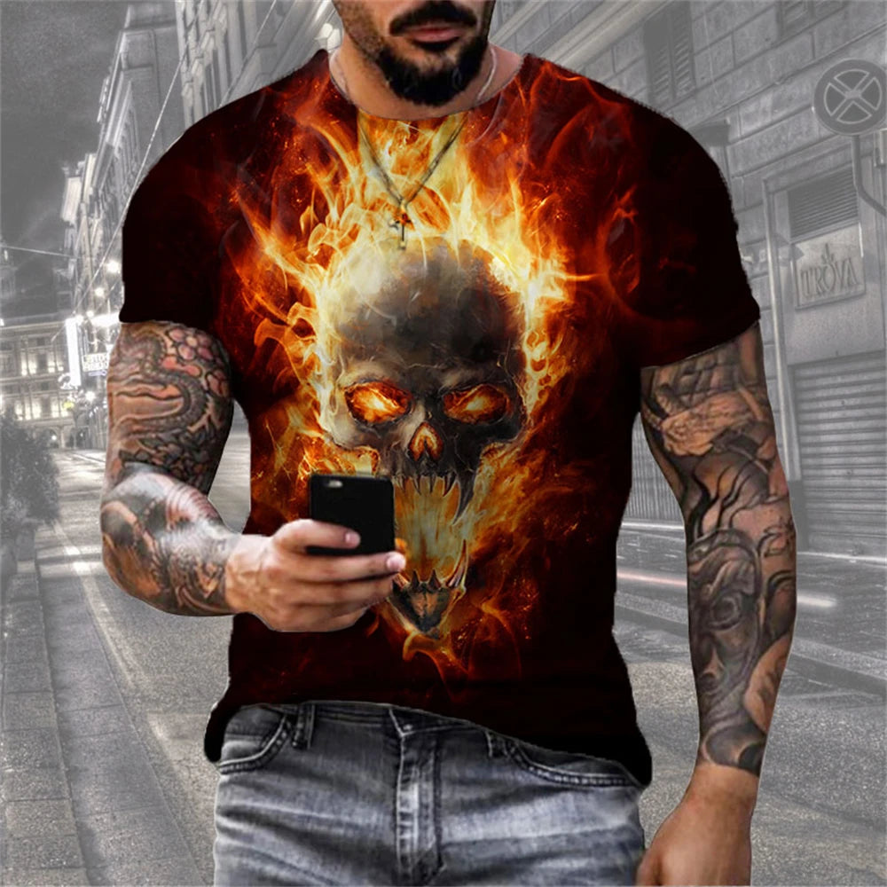 Mens 3D Skull T-Shirt - Black Gothic Short Sleeve Halloween Top - ZOOMNSTORE