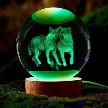 3D Wolf Crystal Ball - Wooden Base Nightlight | Romantic Bedroom Light Gift - ZOOMNSTORE