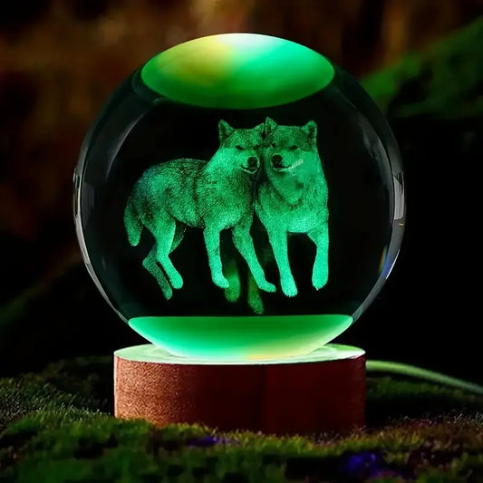 3D Wolf Crystal Ball - Wooden Base Nightlight | Romantic Bedroom Light Gift - ZOOMNSTORE