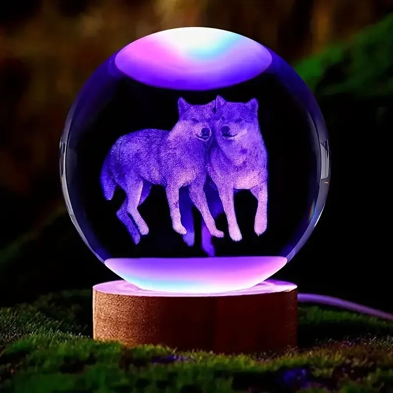3D Wolf Crystal Ball - Wooden Base Nightlight | Romantic Bedroom Light Gift - ZOOMNSTORE