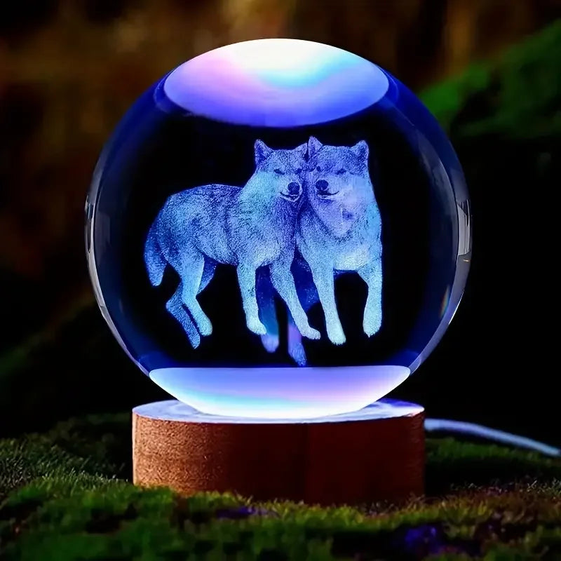 3D Wolf Crystal Ball - Wooden Base Nightlight | Romantic Bedroom Light Gift - ZOOMNSTORE