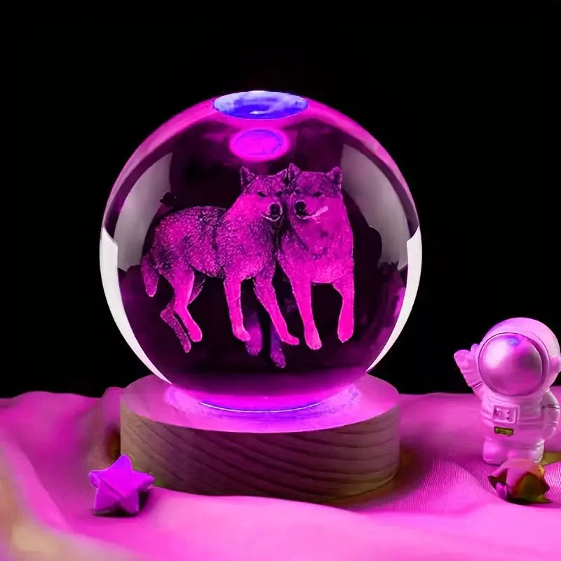 3D Wolf Crystal Ball - Wooden Base Nightlight | Romantic Bedroom Light Gift - ZOOMNSTORE