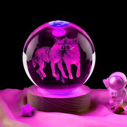 3D Wolf Crystal Ball - Wooden Base Nightlight | Romantic Bedroom Light Gift - ZOOMNSTORE