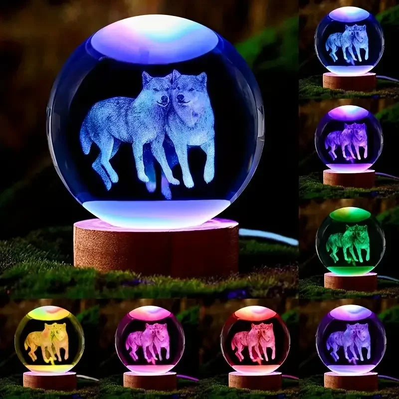 3D Wolf Crystal Ball - Wooden Base Nightlight | Romantic Bedroom Light Gift - ZOOMNSTORE