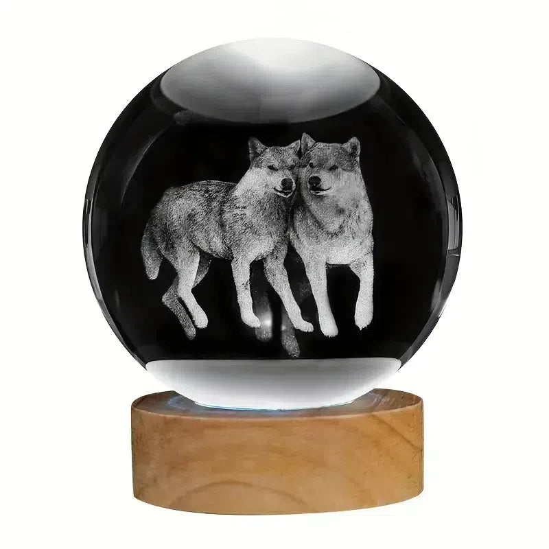 3D Wolf Crystal Ball - Wooden Base Nightlight | Romantic Bedroom Light Gift - ZOOMNSTORE