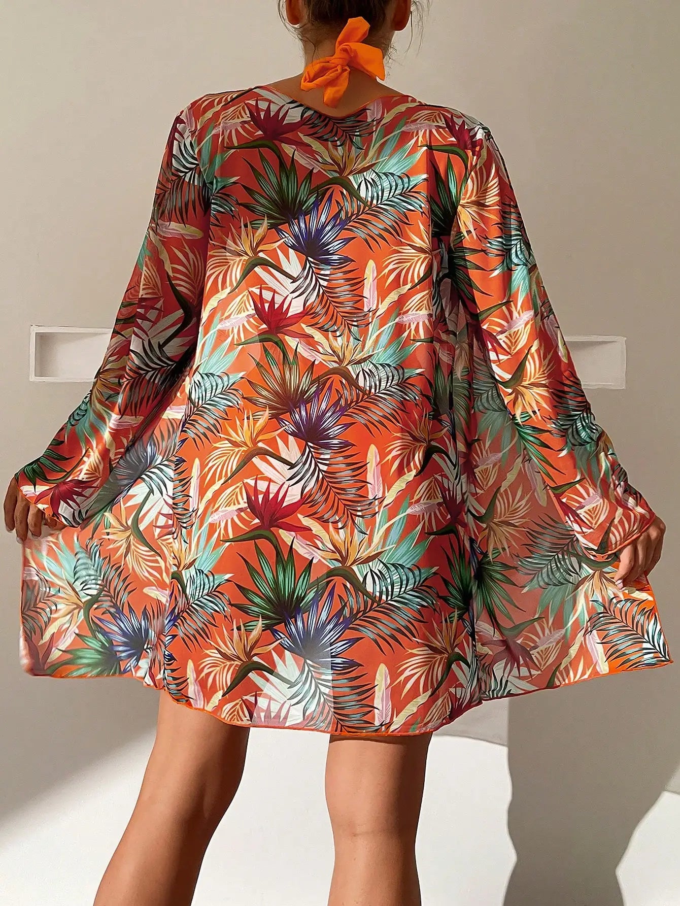 3PCS Halter Print Bikini Set with Kimono - High Waist Womens Swimsuit Beachwear - ZOOMNSTORE