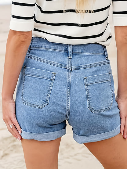 Light Blue Mid-Rise Stretch Denim Shorts - Womens Casual Jean Shorts with Roll-Up Hem - ZOOMNSTORE