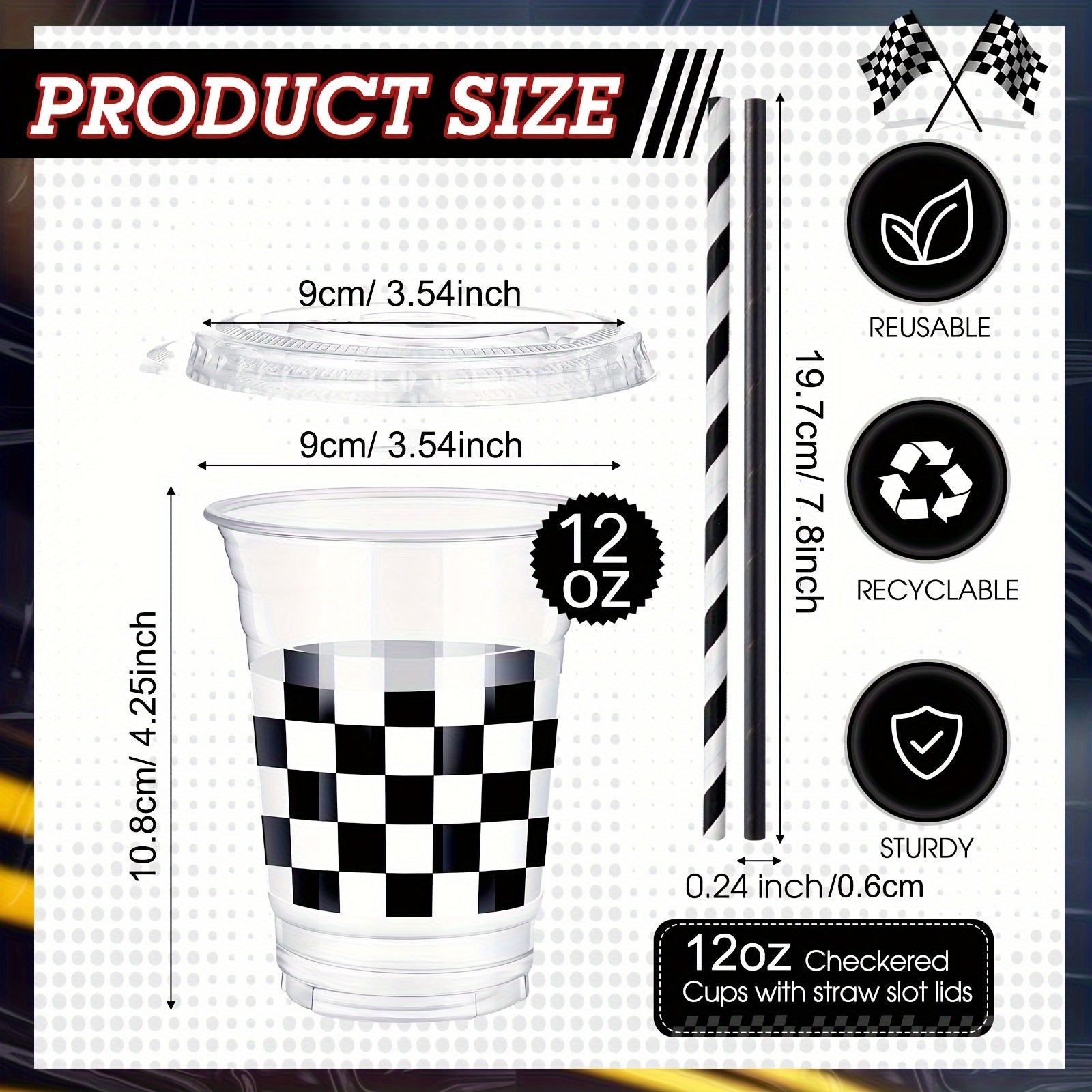 Disposable Plastic Cups with Lids and Paper Straws - 12 oz Clear Checkered Flag Print Party Supplies - ZOOMNSTORE